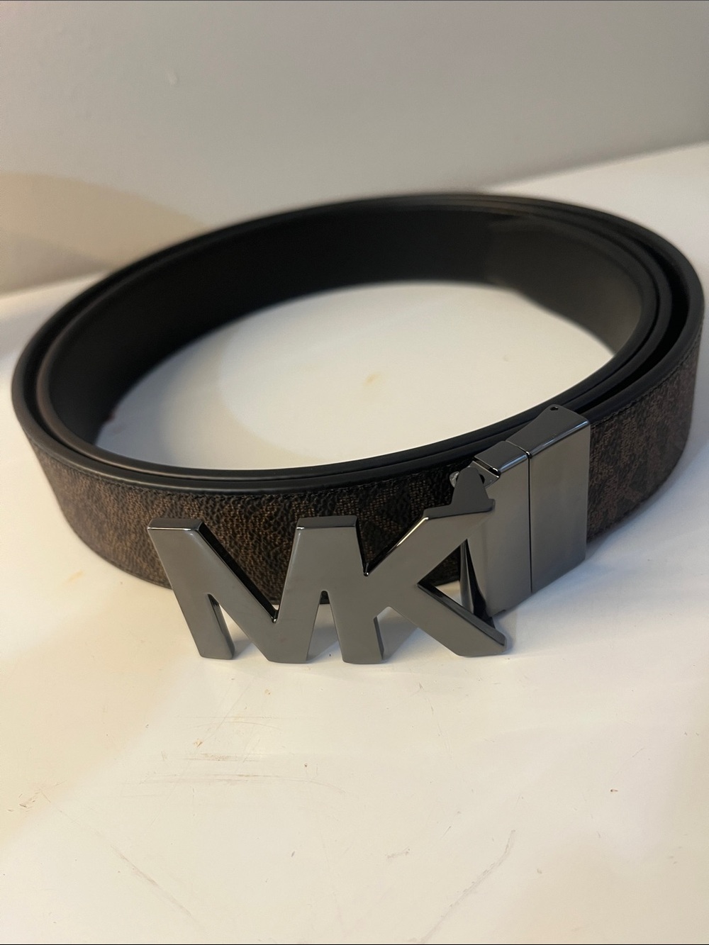 Michael Kors reversible black/Brown Logo Belt with Gunmetal MK Buckle